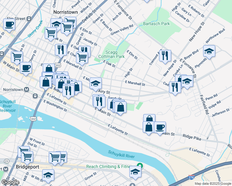 map of restaurants, bars, coffee shops, grocery stores, and more near 529 State Route 3009 in Norristown