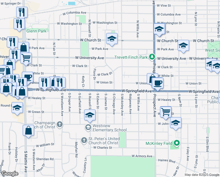map of restaurants, bars, coffee shops, grocery stores, and more near 1114 West Springfield Avenue in Champaign
