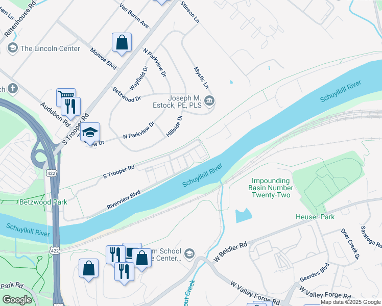 map of restaurants, bars, coffee shops, grocery stores, and more near 1876 Minutemen Lane in Norristown