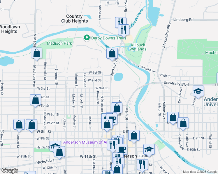 map of restaurants, bars, coffee shops, grocery stores, and more near 126 West 3rd Street in Anderson