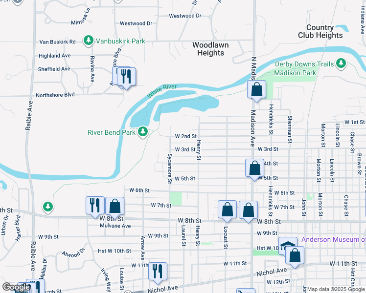 map of restaurants, bars, coffee shops, grocery stores, and more near 1432 West 3rd Street in Anderson