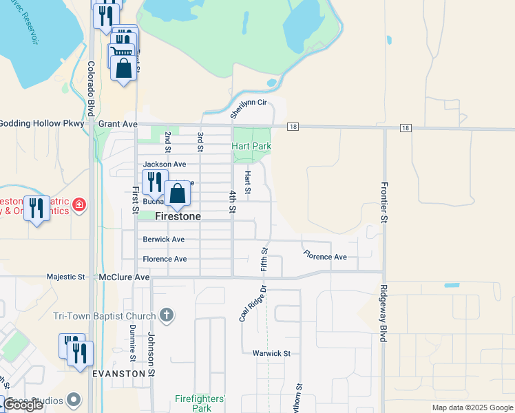 map of restaurants, bars, coffee shops, grocery stores, and more near 464 Buchanan Avenue in Firestone
