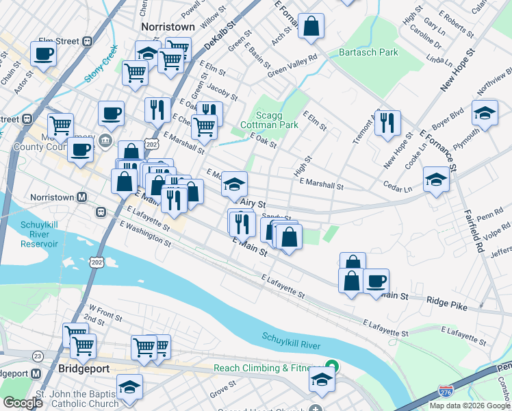 map of restaurants, bars, coffee shops, grocery stores, and more near 441 East Airy Street in Norristown