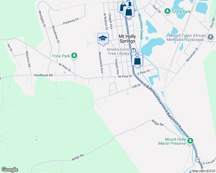 map of restaurants, bars, coffee shops, grocery stores, and more near 18 Holly Street in Mount Holly Springs
