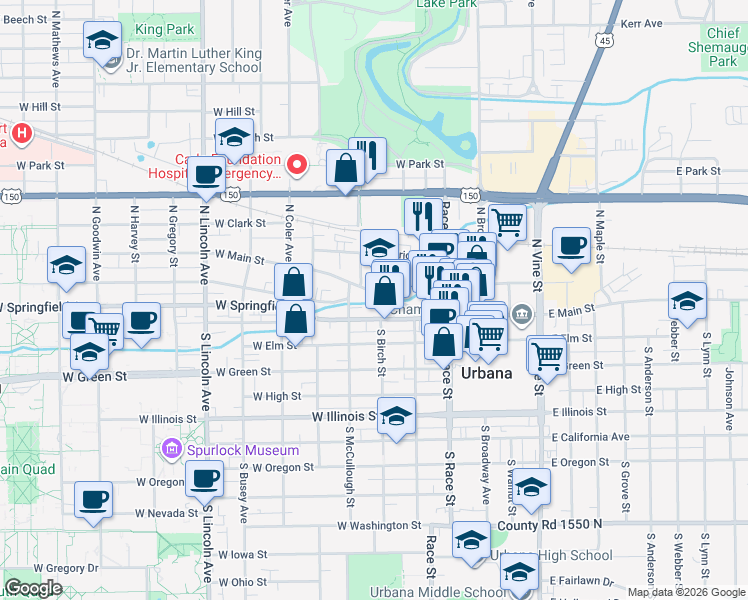 map of restaurants, bars, coffee shops, grocery stores, and more near 405 West Main Street in Urbana