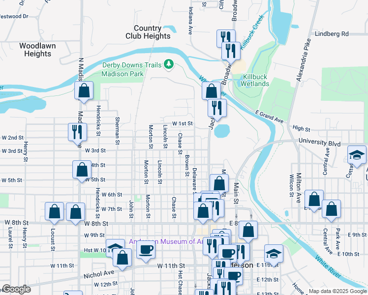 map of restaurants, bars, coffee shops, grocery stores, and more near 226 W 3rd St in Anderson