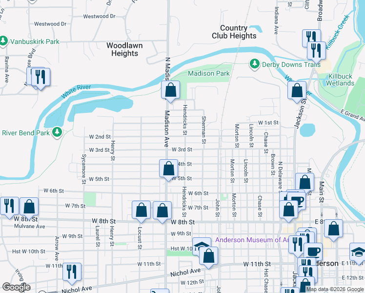 map of restaurants, bars, coffee shops, grocery stores, and more near 904 West 3rd Street in Anderson