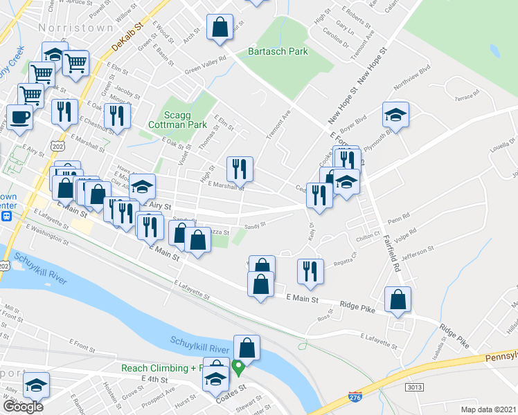 map of restaurants, bars, coffee shops, grocery stores, and more near 733 East Airy Street in Norristown