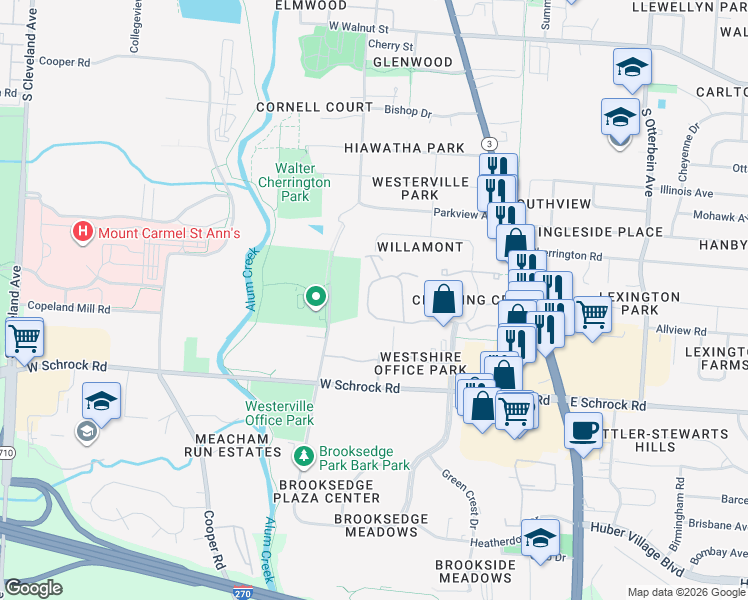 map of restaurants, bars, coffee shops, grocery stores, and more near 510 Foxtrail Circle West in Westerville
