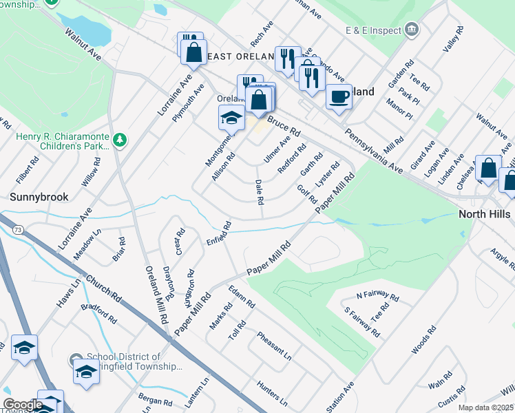 map of restaurants, bars, coffee shops, grocery stores, and more near 300 Garth Road in Oreland