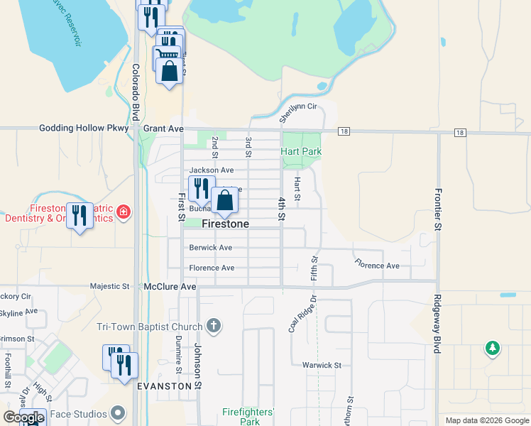 map of restaurants, bars, coffee shops, grocery stores, and more near 354 Buchanan Avenue in Firestone