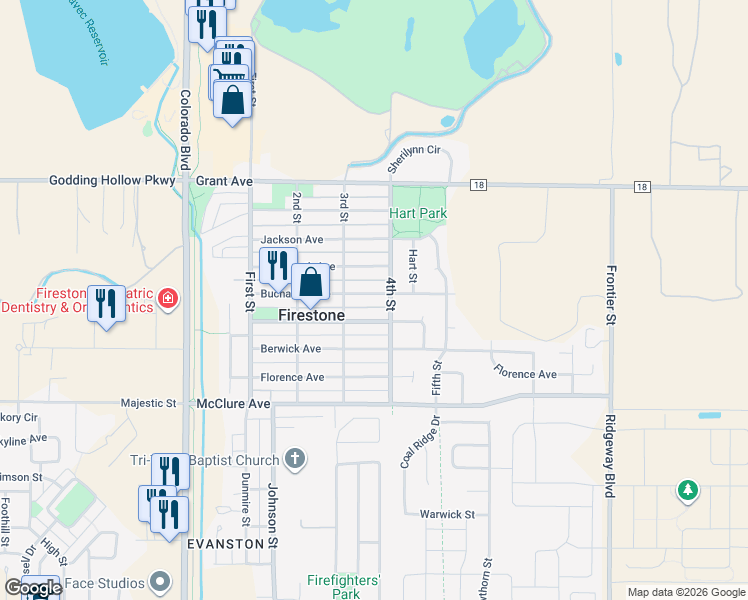 map of restaurants, bars, coffee shops, grocery stores, and more near 354 Buchanan Avenue in Firestone