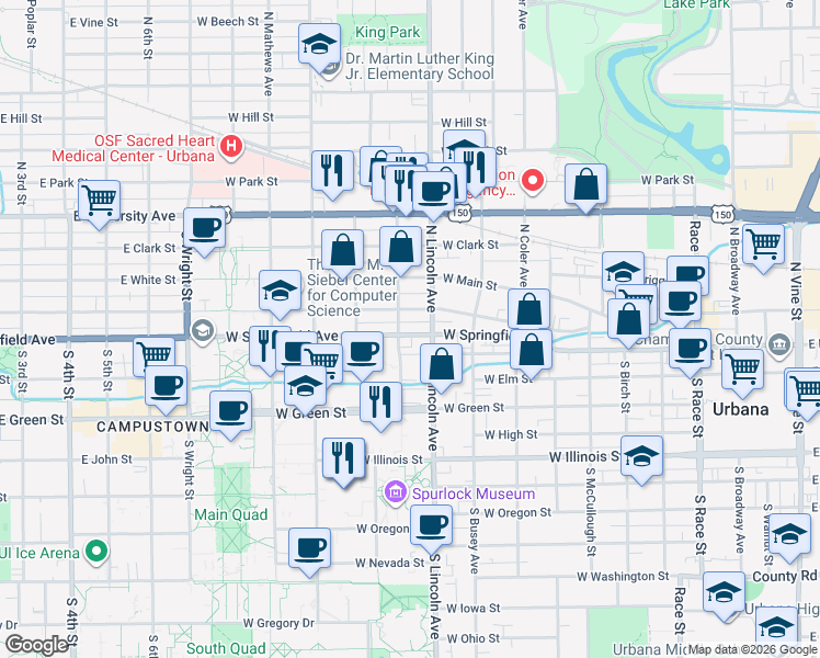 map of restaurants, bars, coffee shops, grocery stores, and more near 908 County Road 1600 North in Urbana