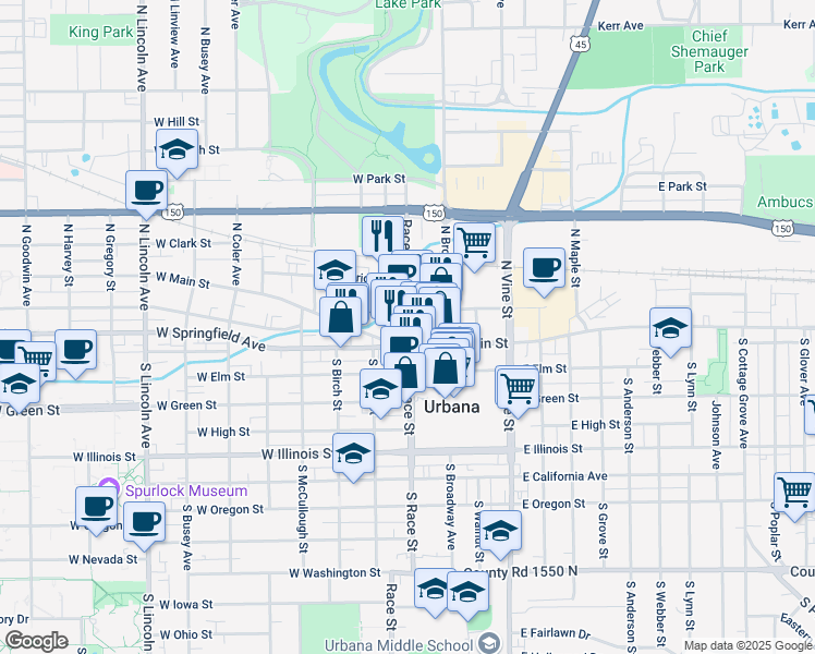 map of restaurants, bars, coffee shops, grocery stores, and more near 113 North Race Street in Urbana