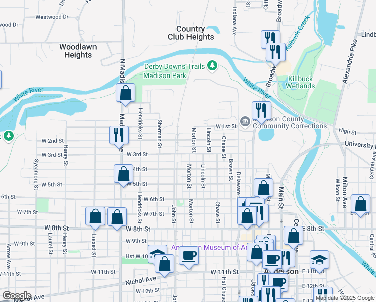 map of restaurants, bars, coffee shops, grocery stores, and more near 504 West 3rd Street in Anderson