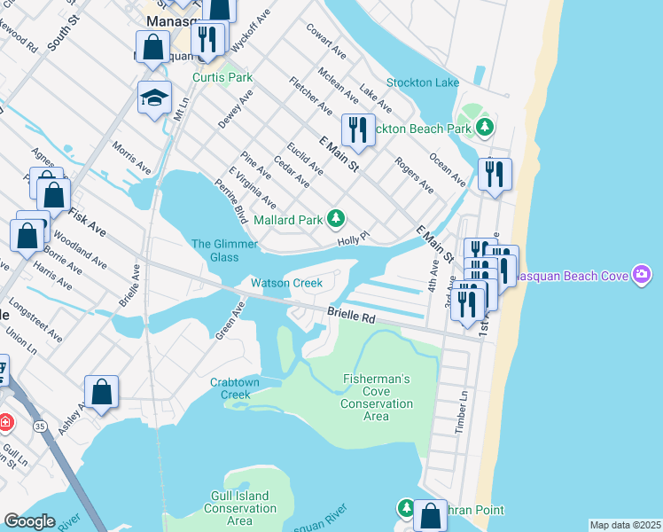 map of restaurants, bars, coffee shops, grocery stores, and more near 127 Glimmer Glass Circle in Manasquan