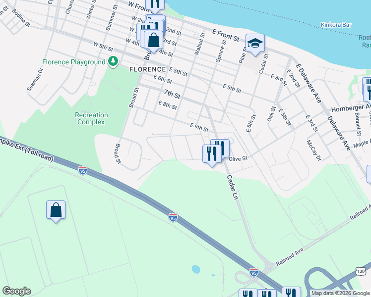 map of restaurants, bars, coffee shops, grocery stores, and more near 21 Florence Tollgate in Florence