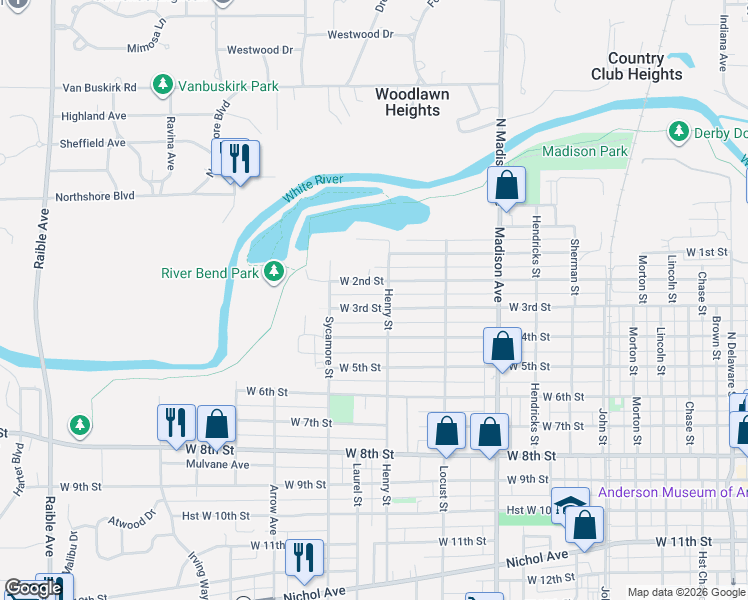 map of restaurants, bars, coffee shops, grocery stores, and more near 1412 West 3rd Street in Anderson