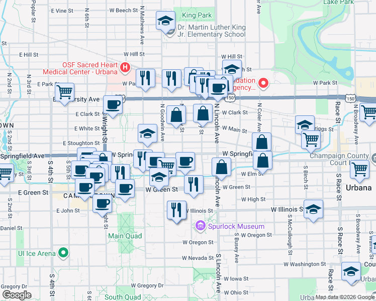 map of restaurants, bars, coffee shops, grocery stores, and more near 1010 West Springfield Avenue in Urbana