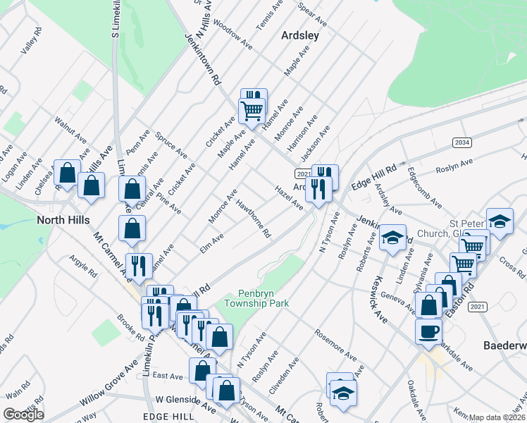 map of restaurants, bars, coffee shops, grocery stores, and more near 411 Elm Avenue in Glenside