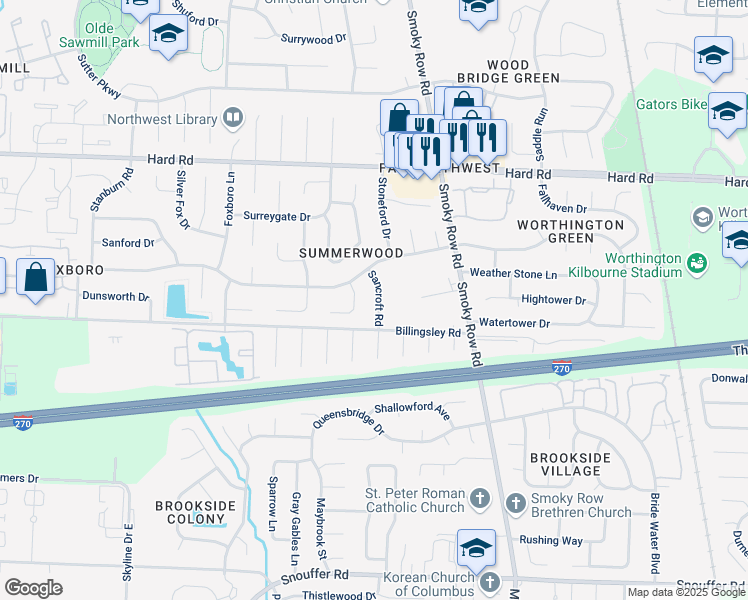 map of restaurants, bars, coffee shops, grocery stores, and more near 7639 Sancroft Road in Columbus