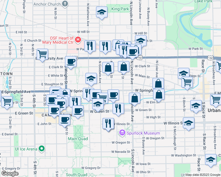 map of restaurants, bars, coffee shops, grocery stores, and more near 1102 West Springfield Avenue in Urbana