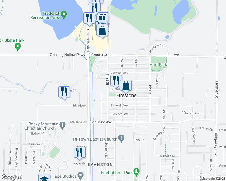 map of restaurants, bars, coffee shops, grocery stores, and more near 120 Buchanan Avenue in Firestone
