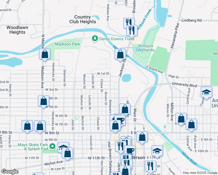 map of restaurants, bars, coffee shops, grocery stores, and more near 202 West 3rd Street in Anderson