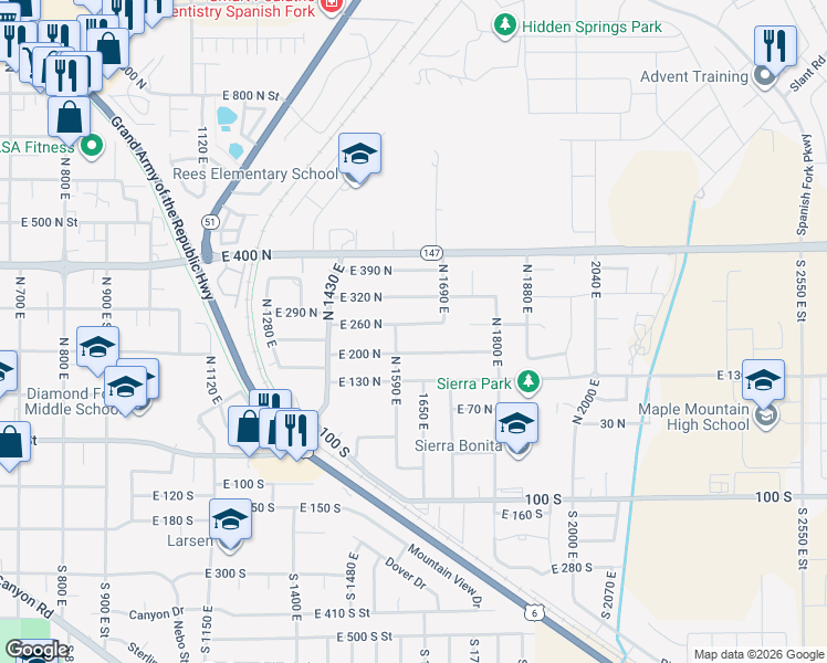 map of restaurants, bars, coffee shops, grocery stores, and more near 1628 East 260 North in Spanish Fork