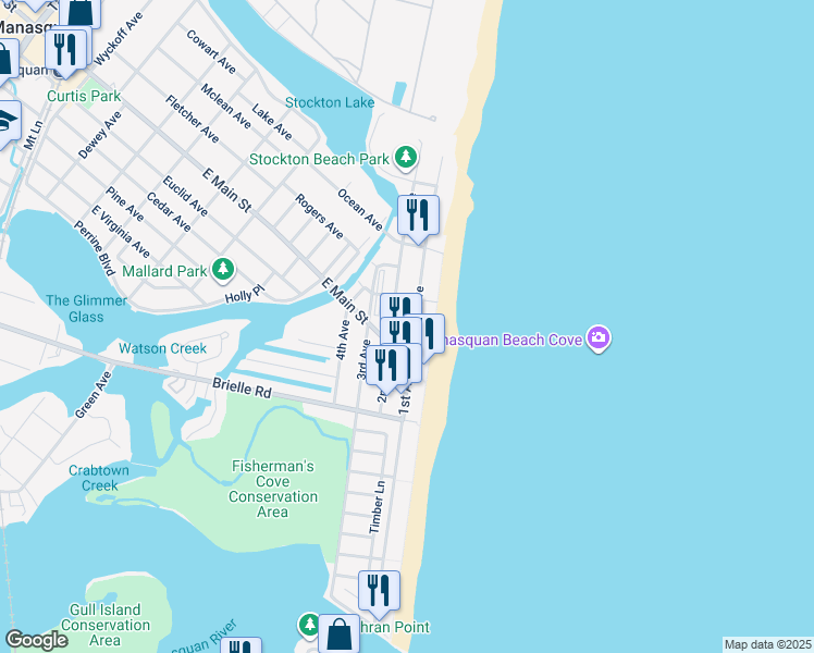 map of restaurants, bars, coffee shops, grocery stores, and more near 167 1st Avenue in Manasquan