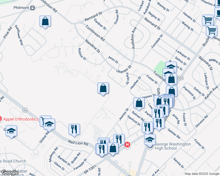 map of restaurants, bars, coffee shops, grocery stores, and more near 10061 Sandmeyer Lane in Philadelphia