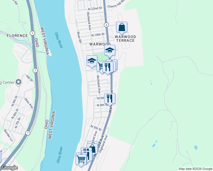 map of restaurants, bars, coffee shops, grocery stores, and more near 1061-1101 Warwood Avenue in Wheeling