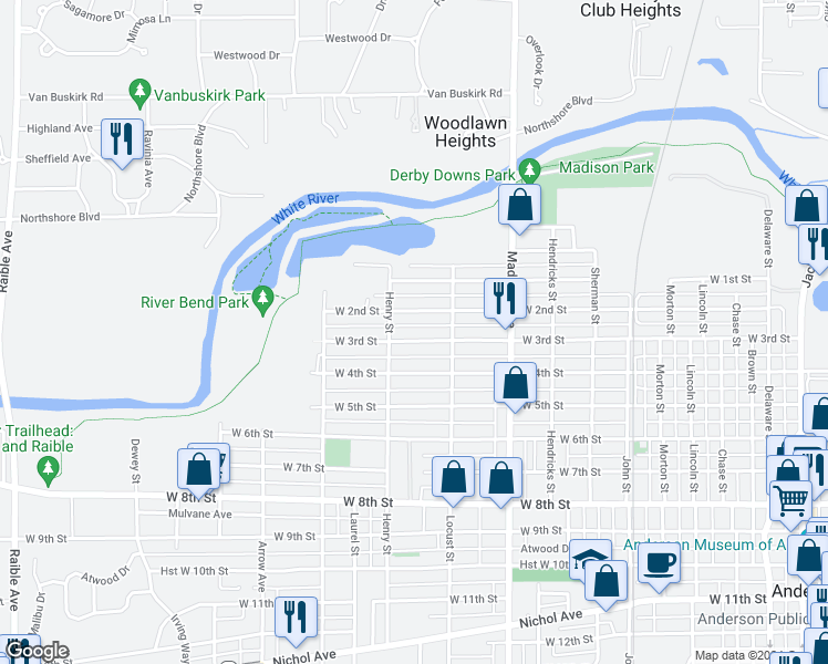 map of restaurants, bars, coffee shops, grocery stores, and more near 1214 West 3rd Street in Anderson