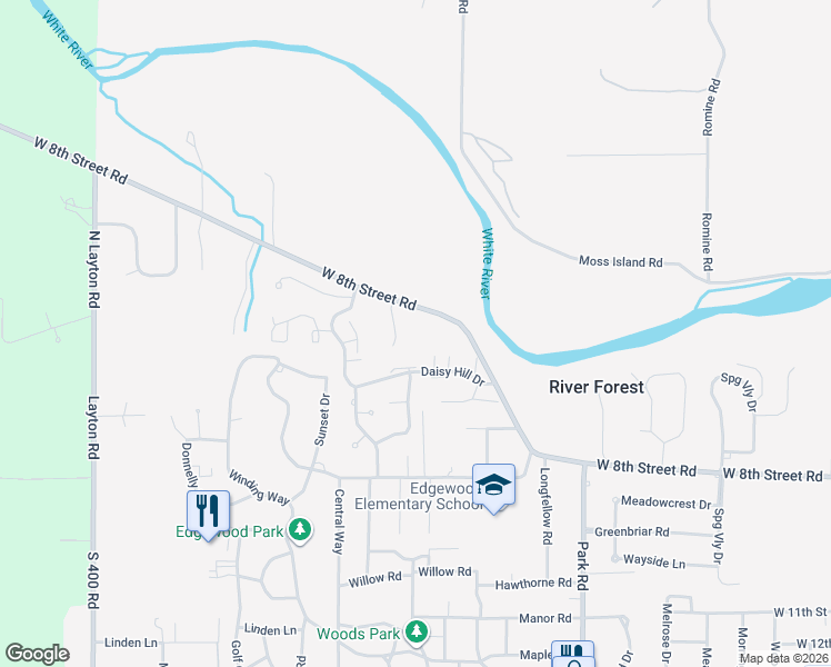 map of restaurants, bars, coffee shops, grocery stores, and more near 3725 West 8th Street Road in Anderson