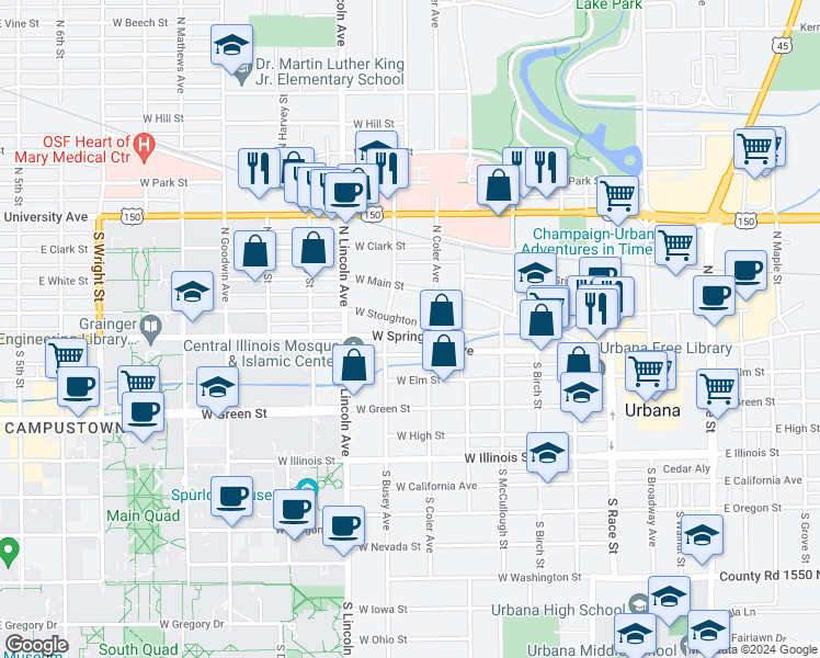 map of restaurants, bars, coffee shops, grocery stores, and more near 703 Stoughton Street in Urbana