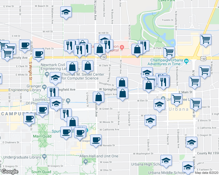 map of restaurants, bars, coffee shops, grocery stores, and more near 802 West Springfield Avenue in Urbana
