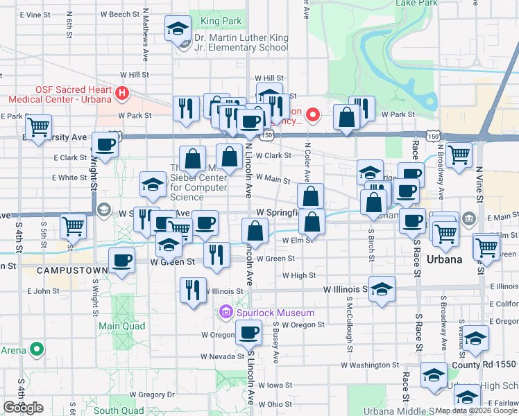 map of restaurants, bars, coffee shops, grocery stores, and more near 802 West Springfield Avenue in Urbana