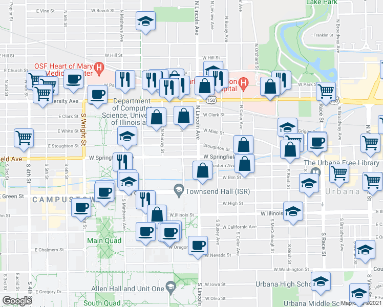 map of restaurants, bars, coffee shops, grocery stores, and more near 902 County Road 1600 North in Urbana