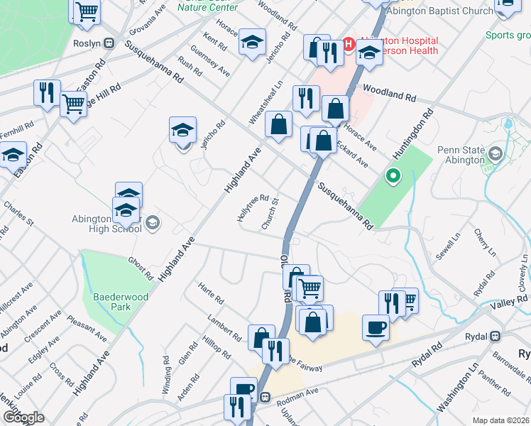 map of restaurants, bars, coffee shops, grocery stores, and more near 1040 Church Street in Abington