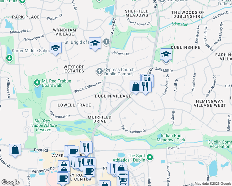 map of restaurants, bars, coffee shops, grocery stores, and more near 6282 Hyland Drive in Dublin