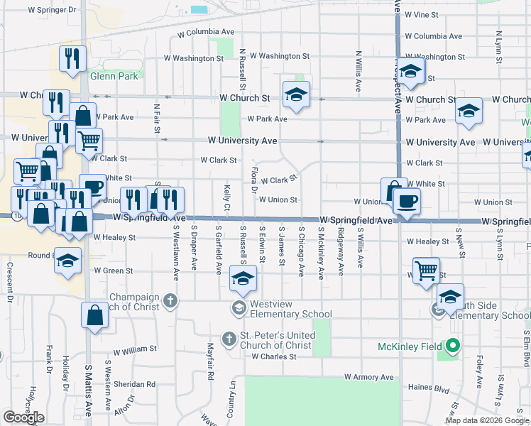 map of restaurants, bars, coffee shops, grocery stores, and more near 1208 West Springfield Avenue in Champaign