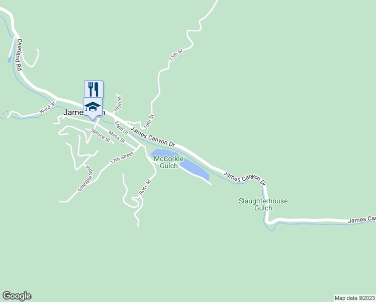 map of restaurants, bars, coffee shops, grocery stores, and more near 3915 James Canyon Drive in Jamestown