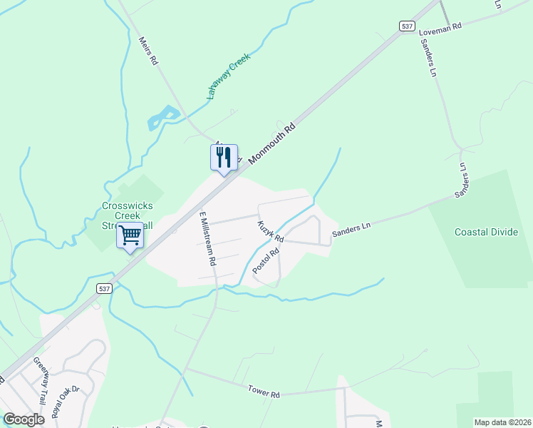 map of restaurants, bars, coffee shops, grocery stores, and more near 19 Kuzyk Road in Plumsted
