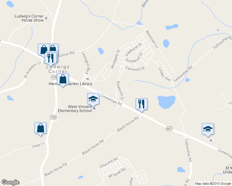 map of restaurants, bars, coffee shops, grocery stores, and more near 2711 Conestoga Road in Chester Springs
