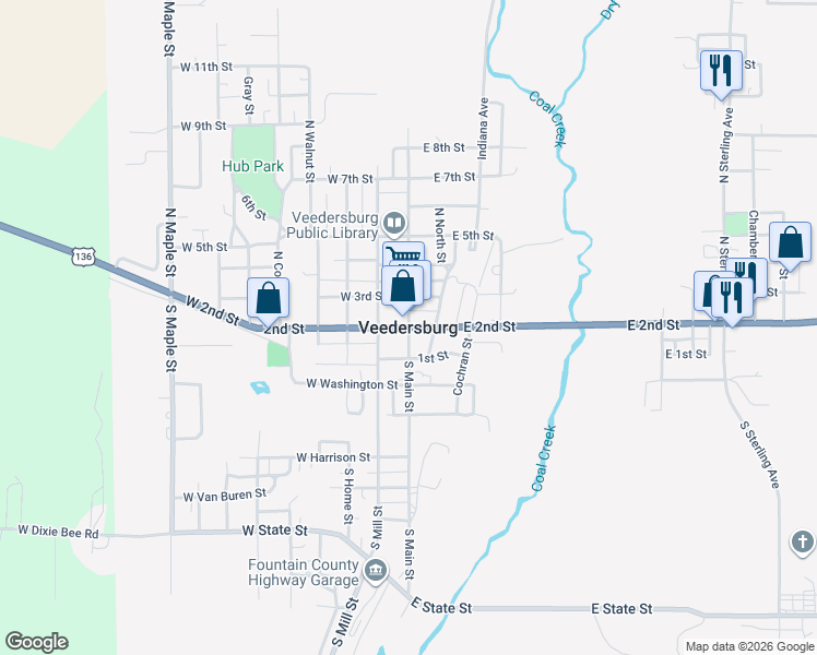 map of restaurants, bars, coffee shops, grocery stores, and more near in Veedersburg