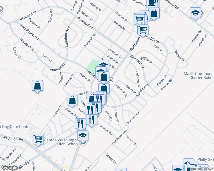 map of restaurants, bars, coffee shops, grocery stores, and more near Bustleton Ave & Tomlinson Rd in Philadelphia
