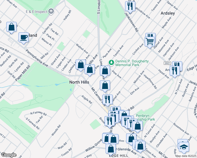 map of restaurants, bars, coffee shops, grocery stores, and more near 139 Central Avenue in Glenside