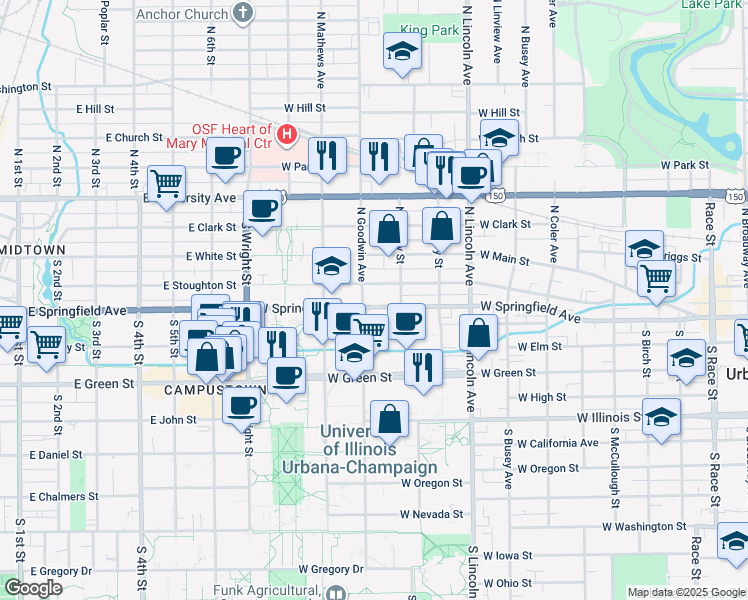 map of restaurants, bars, coffee shops, grocery stores, and more near 1110 West Springfield Avenue in Urbana