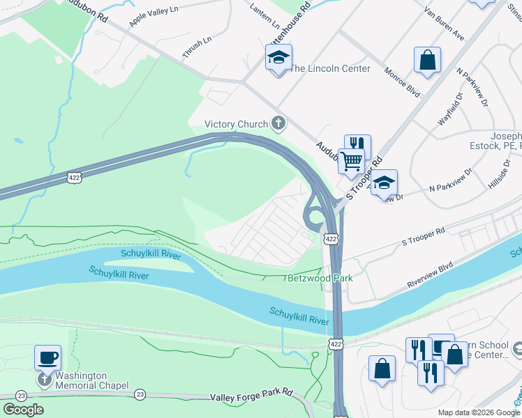 map of restaurants, bars, coffee shops, grocery stores, and more near 137 Valley Lane in Eagleville