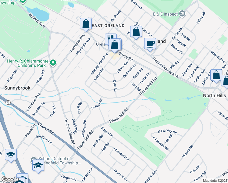 map of restaurants, bars, coffee shops, grocery stores, and more near 300 Garth Road in Oreland